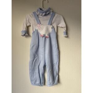 Vintage Carters 12 mo two piece Blue Fleece Overall set sheep, ruffles, USA MADE